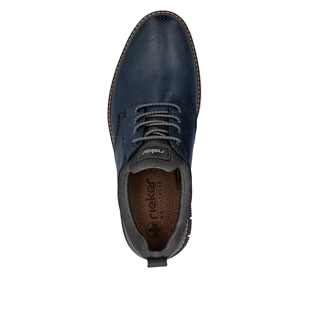 Rieker 14450-16 men's navy blue leather elasticated smart casual shoes with perforated detailing and grey laces.