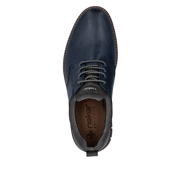 Rieker 14450-16 men's navy blue leather elasticated smart casual shoes with perforated detailing and grey laces.