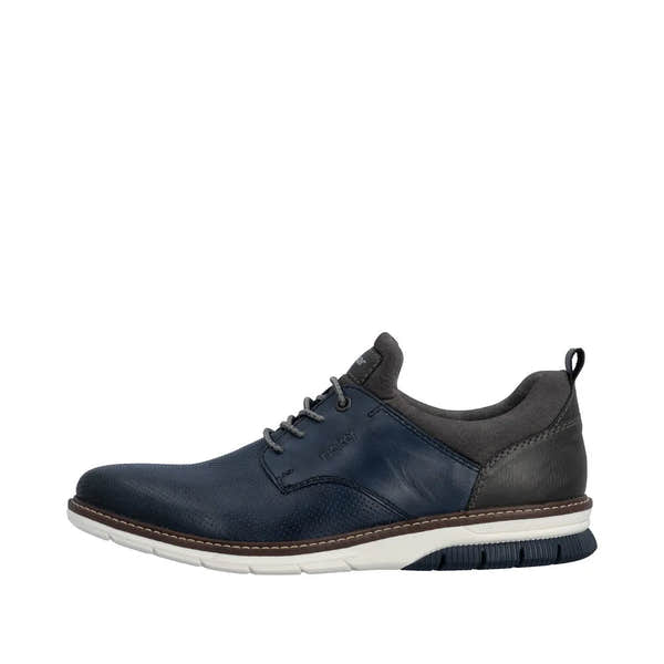 Rieker 14450-16 men's ocean blue leather elasticated casual shoes with grey accents and white rubber sole.