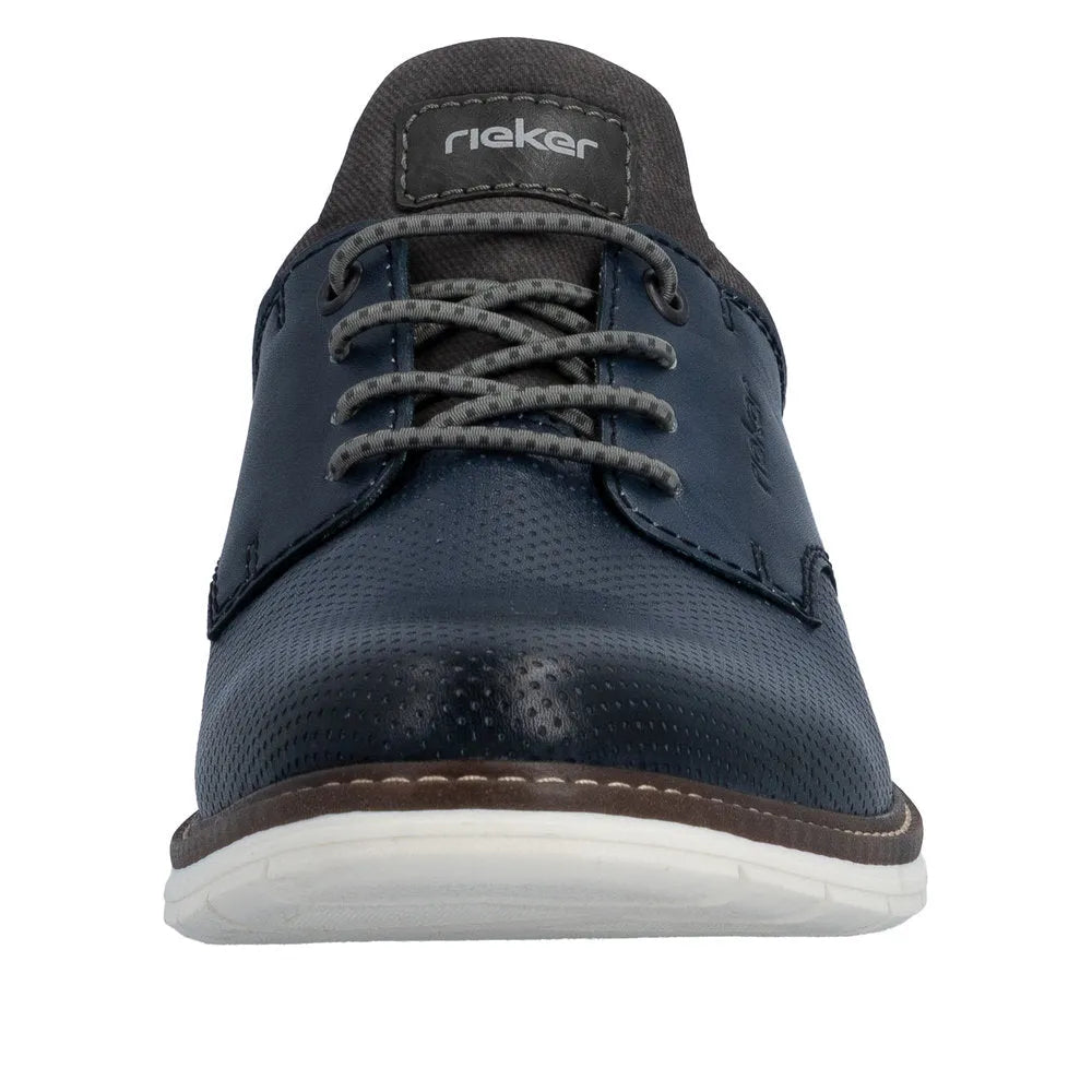 Rieker 14450-16 men's navy leather elasticated shoe with grey laces, padded collar, and white sole, front view.