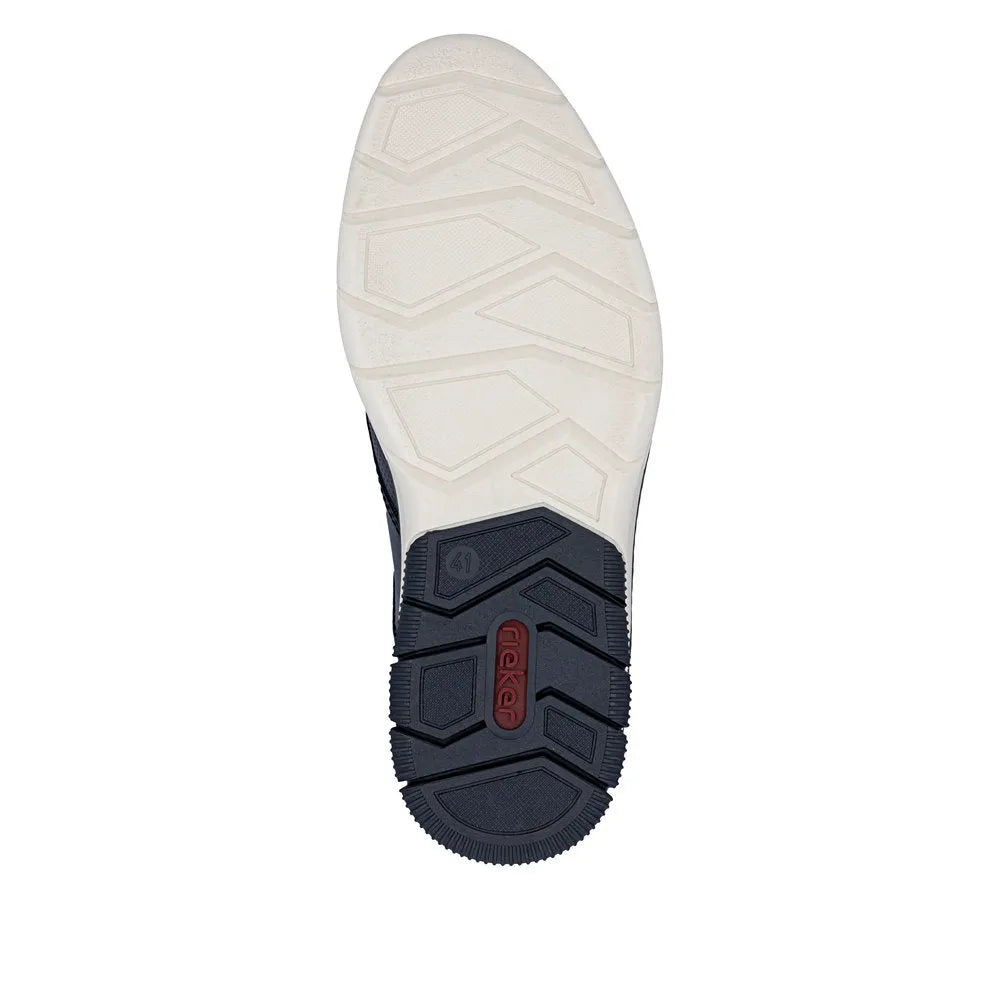 Rieker 14450-16 men's ocean leather elasticated shoes with white and navy soles, featuring textured rubber for grip.