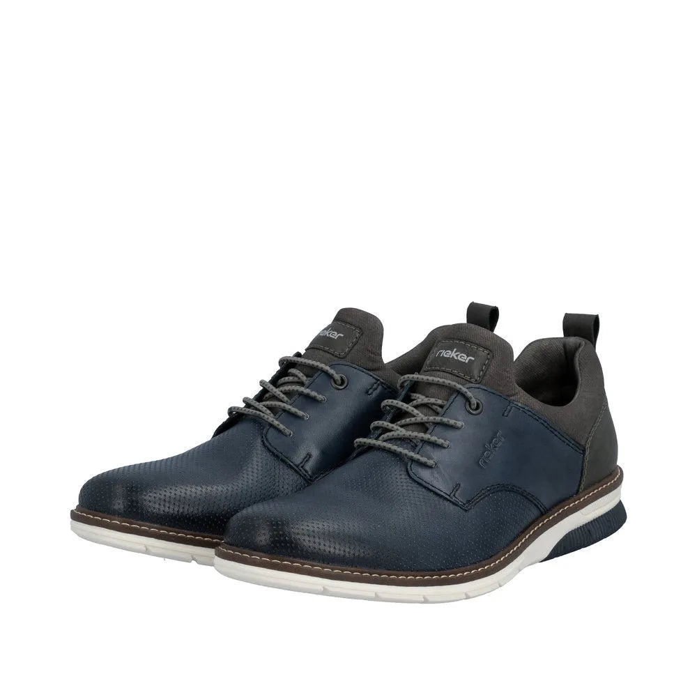 Rieker 14450-16 men's ocean blue leather elasticated shoes with grey laces and black heel loops, featuring a white and black rubber sole.