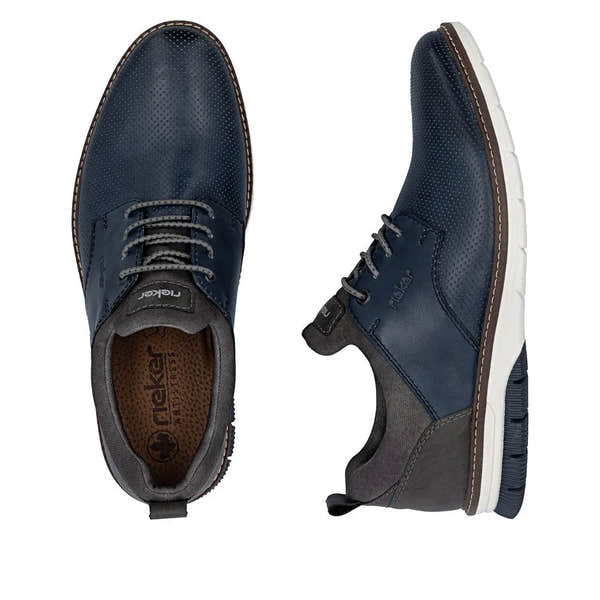 Rieker 14450-16 men's navy leather elasticated shoes with perforated texture, white sole, and padded collar.
