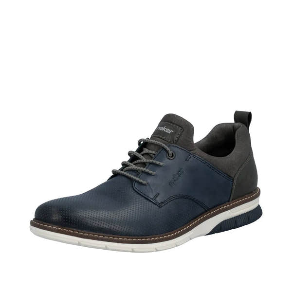 Rieker 14450-16 men's ocean blue leather elasticated lace-up shoe with grey accents, padded collar, and white and black sole.