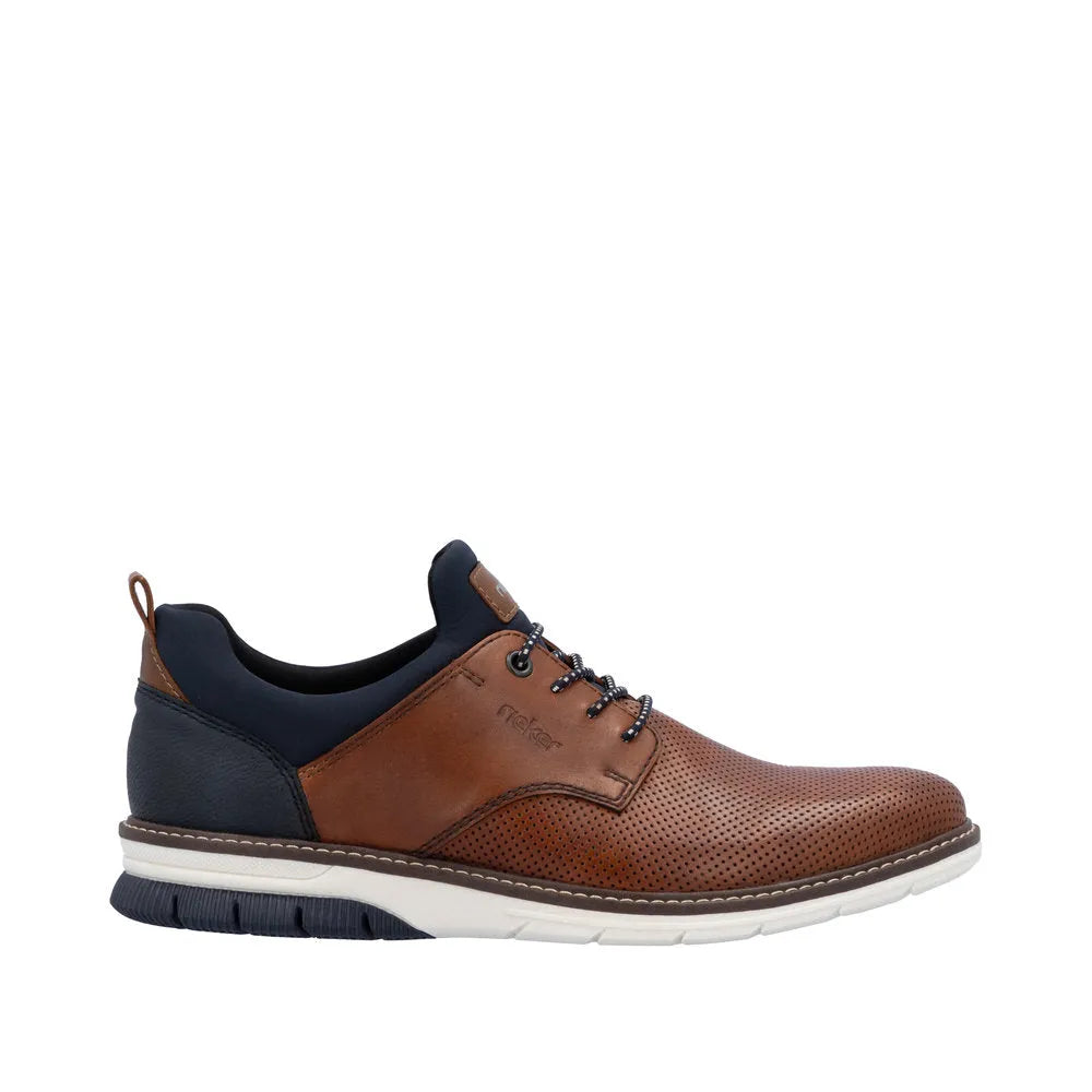 Rieker 14450-22 men's brown and navy leather slip-on shoes with perforated toe for casual or dress wear.