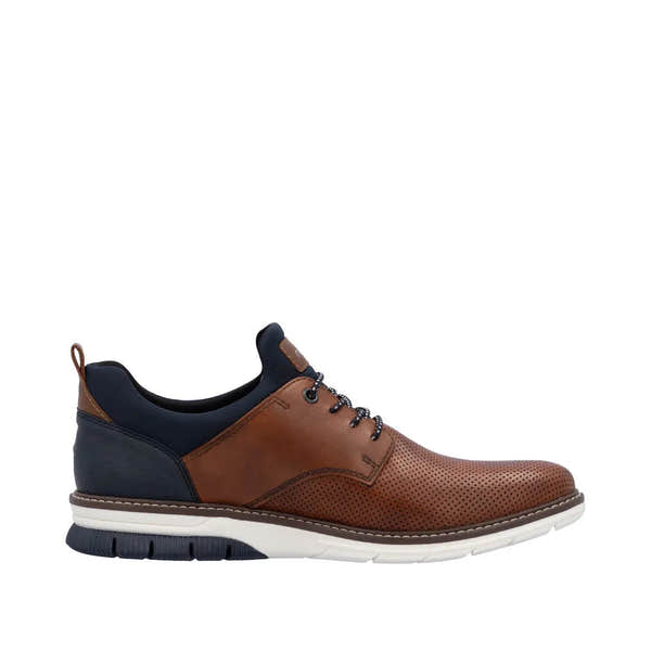 Rieker men's brown and navy leather slip-on shoes with perforated detailing and white sole.
