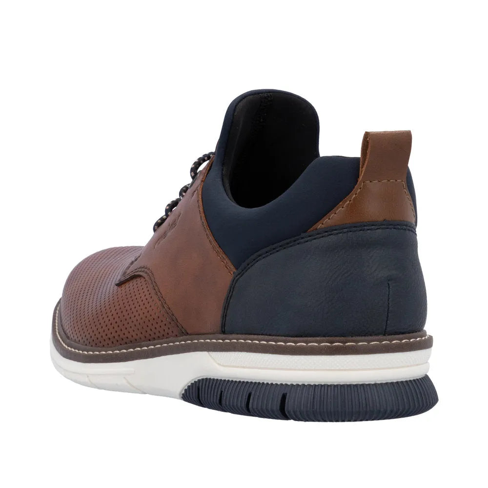 Rieker 14450-22 men's slip-on shoes in brown and navy leather with perforated detail, elastic ankle, and white rubber sole.
