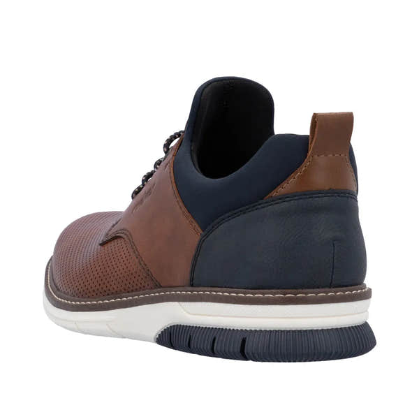 Rieker 14450-22 men's slip-on shoes in brown and navy leather with perforated detail, elastic ankle, and white rubber sole.