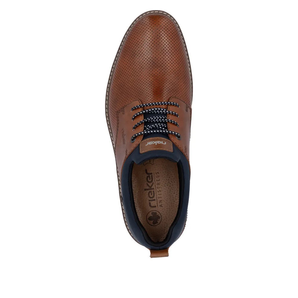 Rieker 14450-22 men's brown and navy leather slip-on shoes with perforated design and lace-up detail.