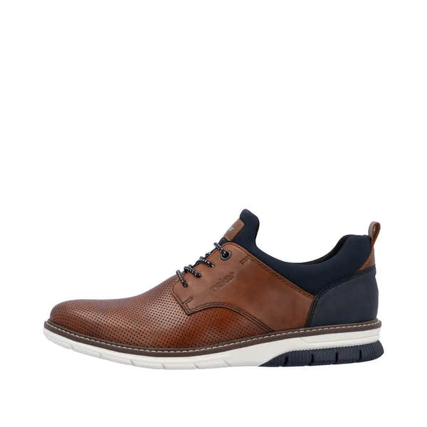 Rieker 14450-22 men's brown and navy leather slip-on casual shoes with perforated design and cushioned sole.
