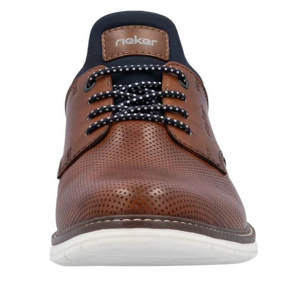Rieker men's brown and navy leather slip-on shoes with perforated design, lace-up front, and white sole.