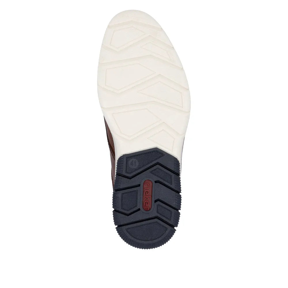 Rieker 14450-22 men's brown and navy leather slip-on shoes with white and black rubber sole, stylish and comfortable footwear.