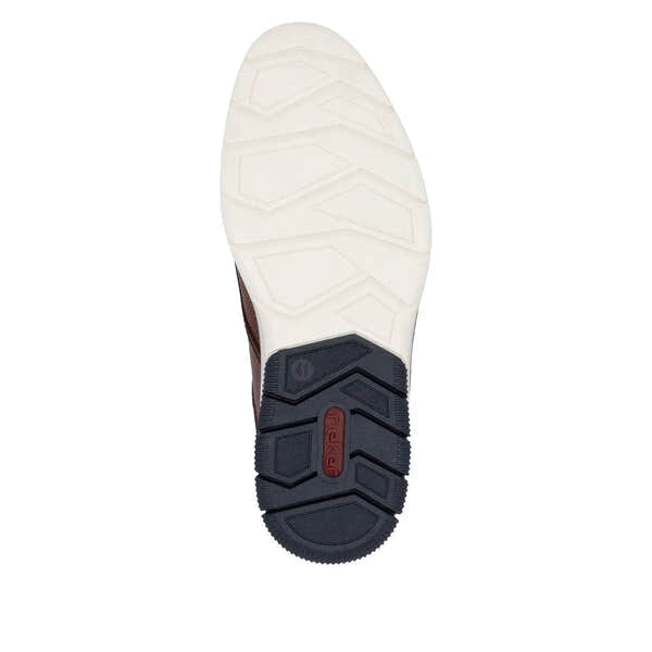 Rieker 14450-22 men's brown and navy leather slip-on shoes with white and black rubber sole, stylish and comfortable footwear.