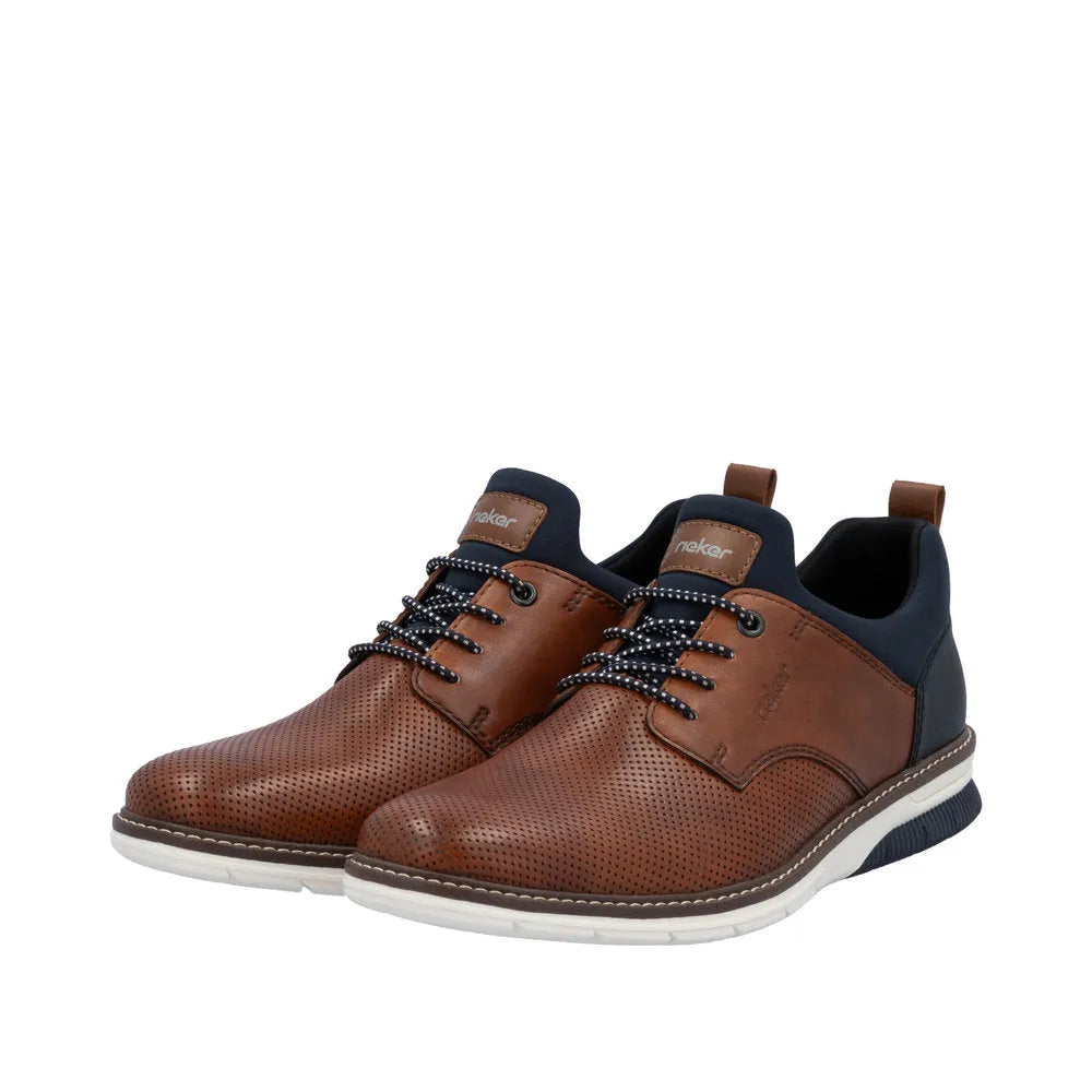 Rieker men's brown and navy leather slip-on shoes with perforated detailing and white rubber soles.