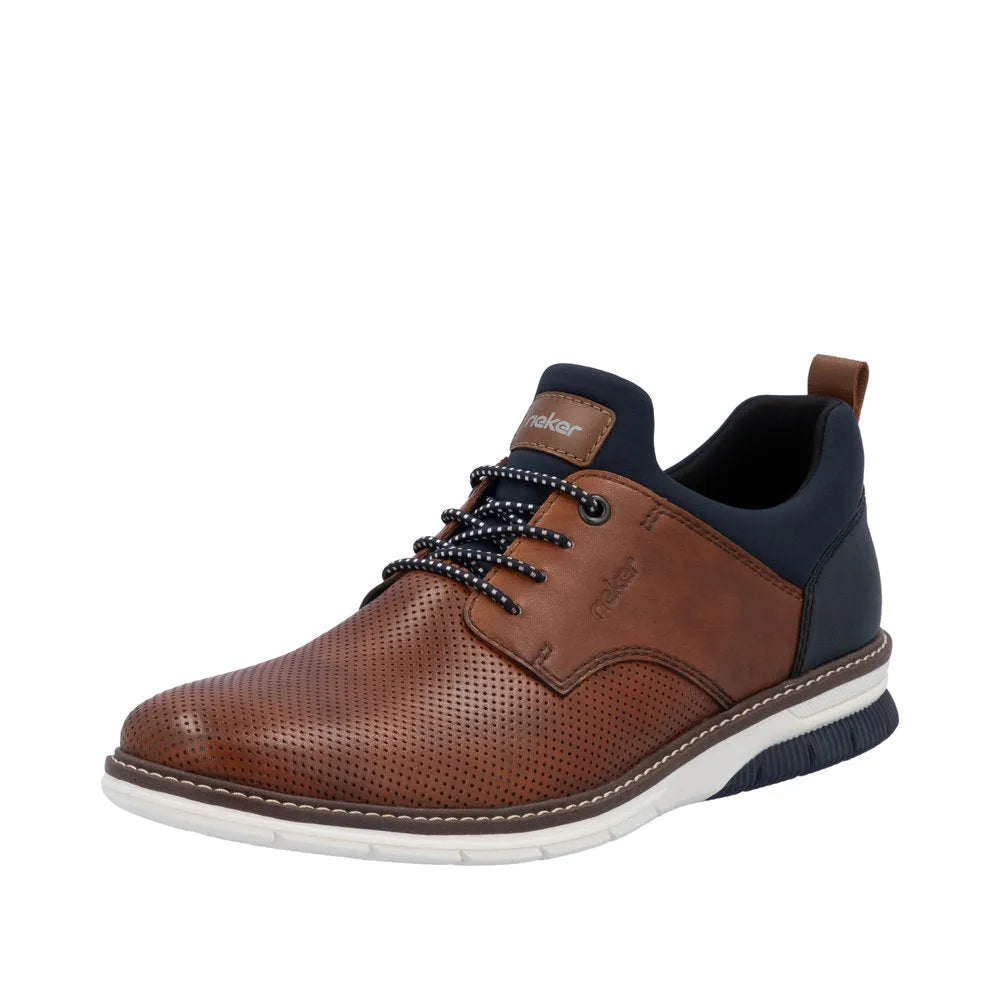 Rieker 14450-22 men's brown and navy leather slip-on shoes with perforated detailing, lace-up closure, and cushioned sole.
