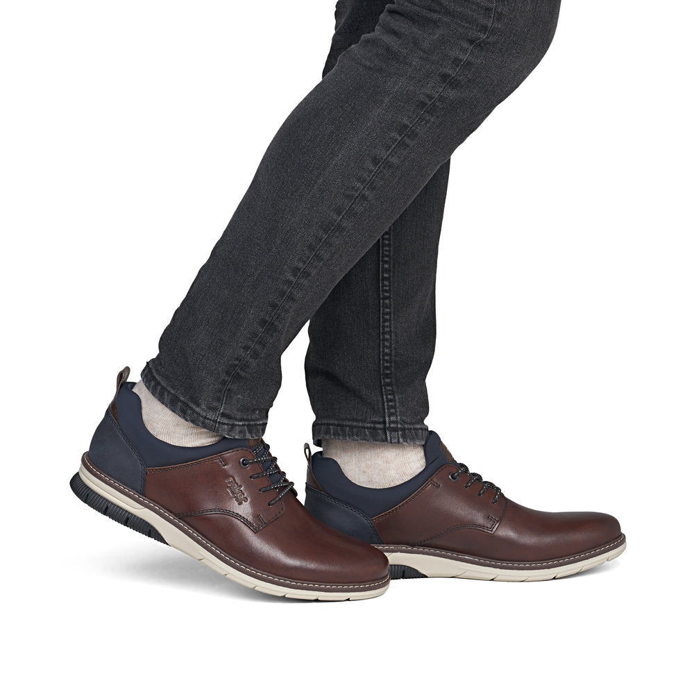 Rieker 14454-26 Mens Wide Brown/Navy Leather & Textile Elasticated Shoes