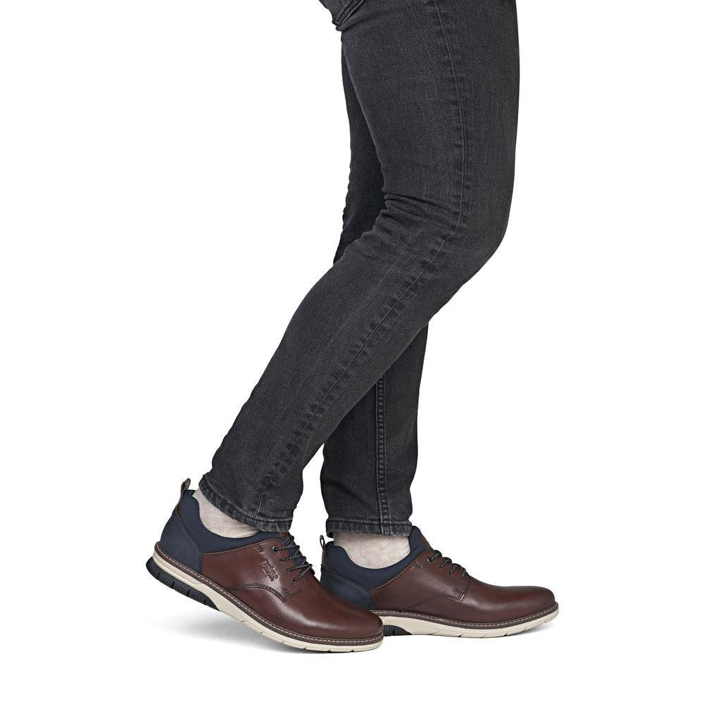 Rieker 14454-26 Mens Wide Brown/Navy Leather & Textile Elasticated Shoes