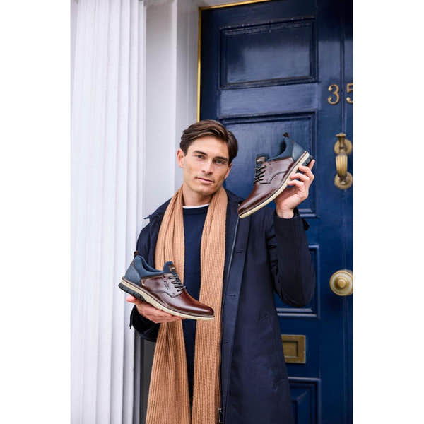 Rieker 14454-26 Mens Wide Brown/Navy Leather & Textile Elasticated Shoes