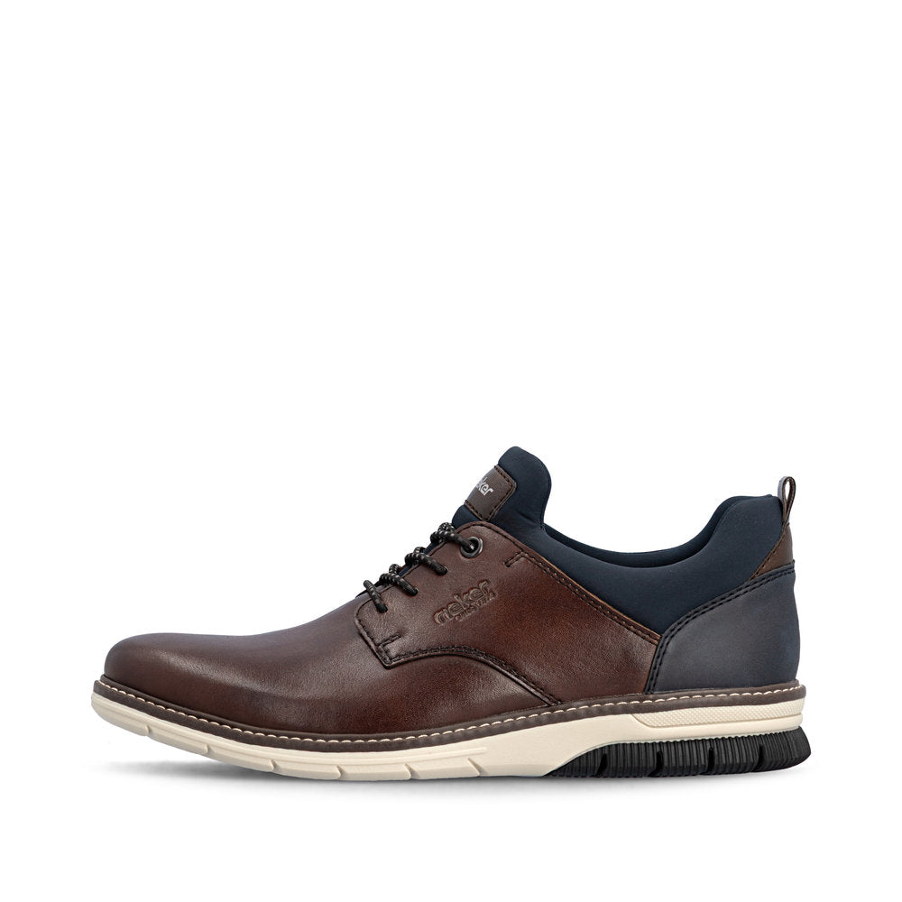 Rieker 14454-26 Mens Wide Brown/Navy Leather & Textile Elasticated Shoes