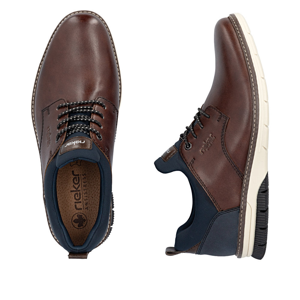 Rieker 14454-26 Mens Wide Brown/Navy Leather & Textile Elasticated Shoes