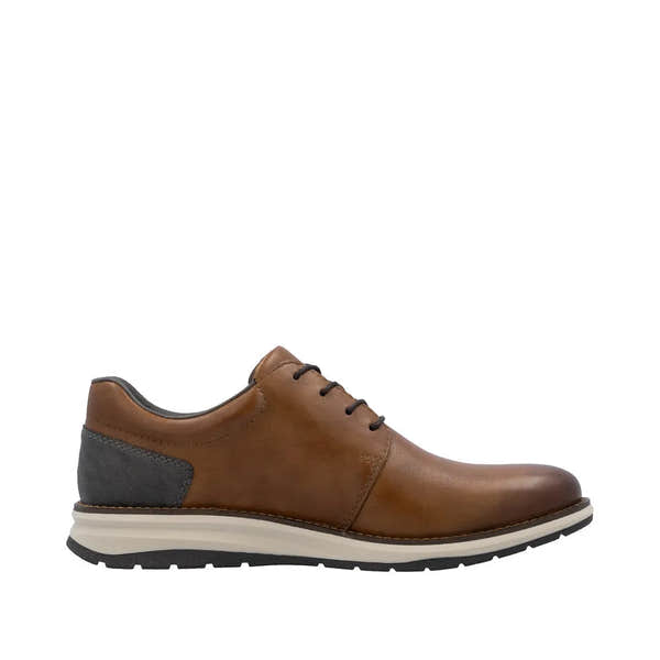 Rieker 14706-24 men's brown leather casual shoes with zip and lace-up design, cushioned sole, and stylish contrast heel.