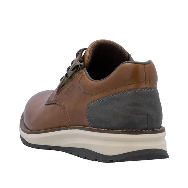 Rieker 14706-24 men's brown leather shoes with zipper and lace-up closure, cushioned collar, and sporty white and black sole.