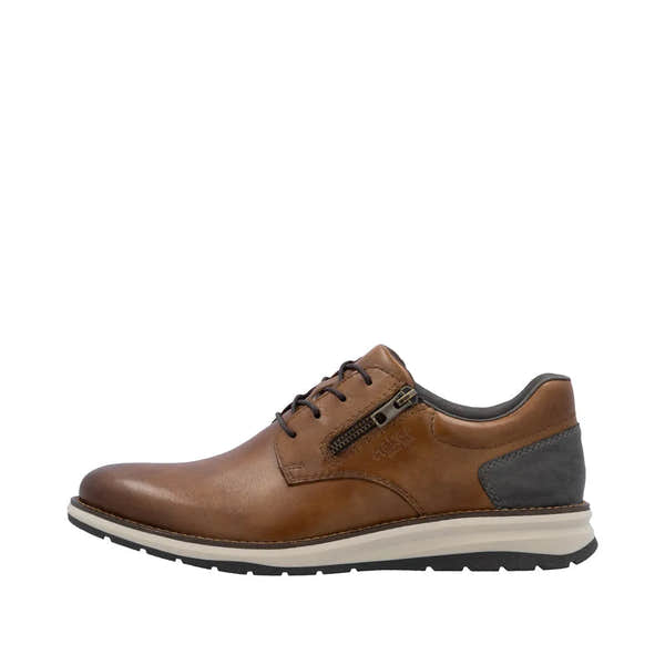 Rieker 14706-24 men's brown leather casual shoes with zipper and lace-up closure, cushioned sole, and black accents.