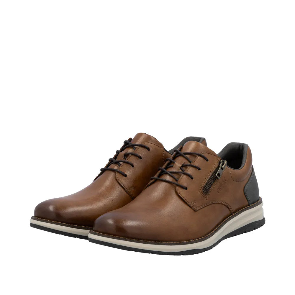 Rieker 14706-24 men's brown leather casual shoes with lace-up and side zipper, cushioned sole, and black accents.