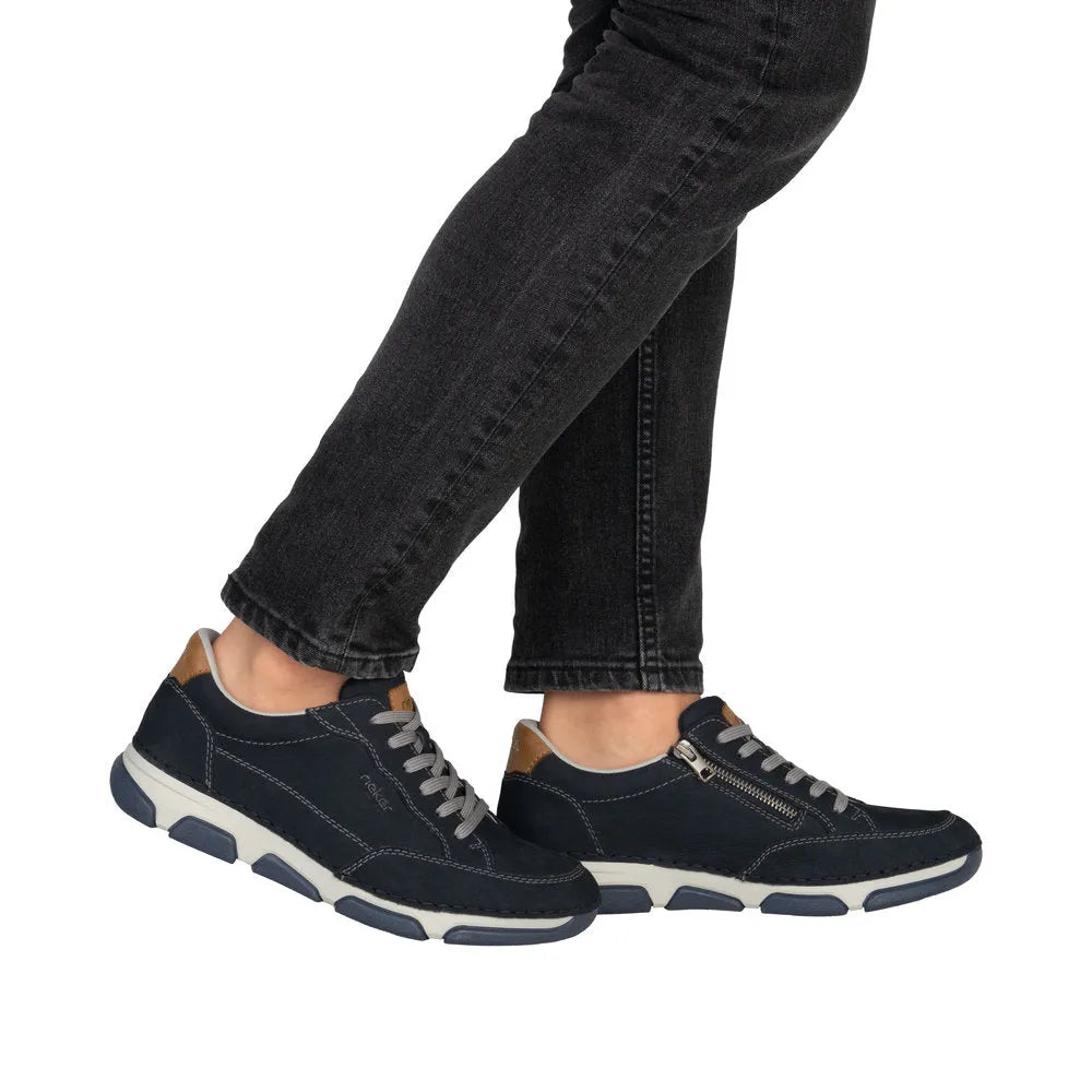 Rieker 15900-14 men's navy leather lace-up shoes with wide fit, tan accents, and side zipper detail.