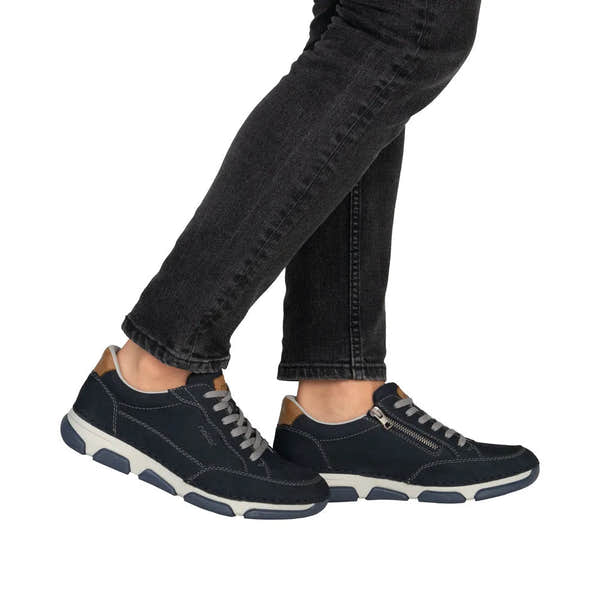 Rieker 15900-14 men's navy leather lace-up shoes with wide fit, tan accents, and side zipper detail.