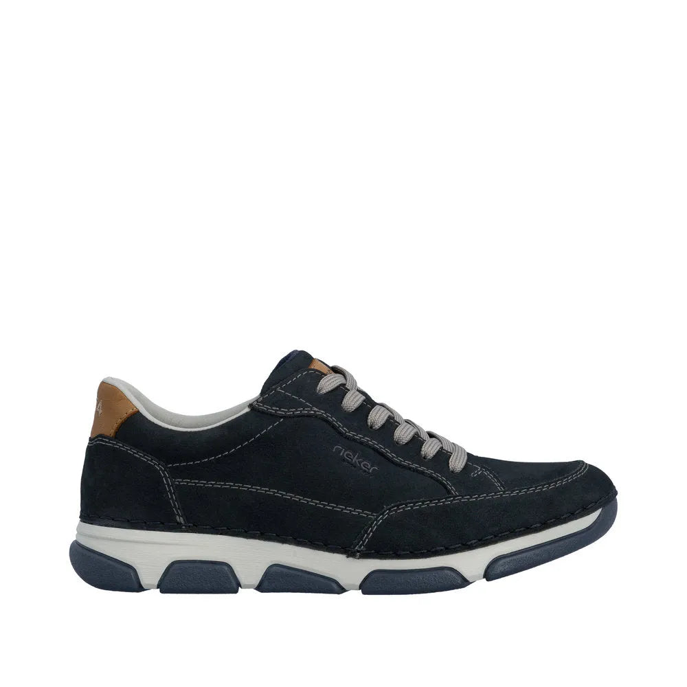 Rieker 15900-14 men's wide navy leather lace-up shoes with brown heel detail and cushioned white lining.