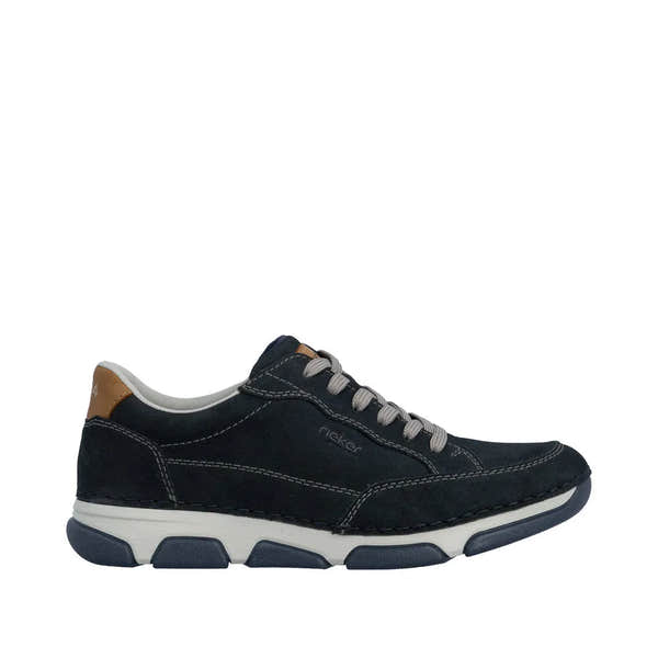 Rieker 15900-14 men's wide navy leather lace-up shoes with brown heel detail and cushioned white lining.