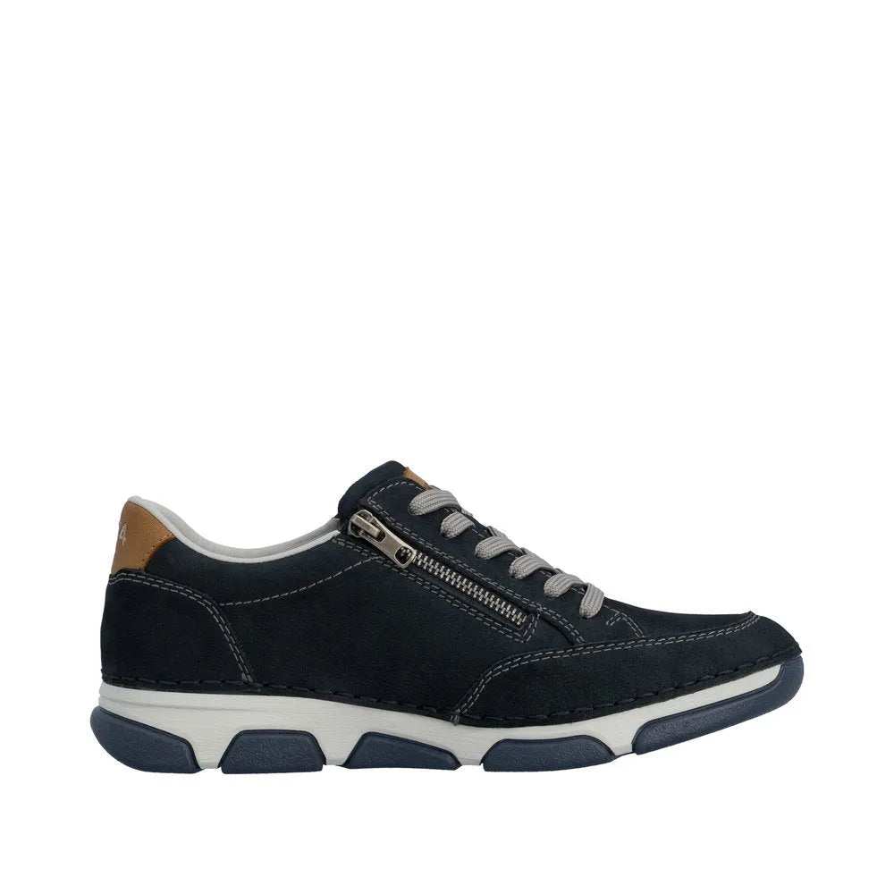 Black leather men's wide lace-up shoes with gray laces, zipper detail, tan heel tab, and sporty white and navy rubber sole.