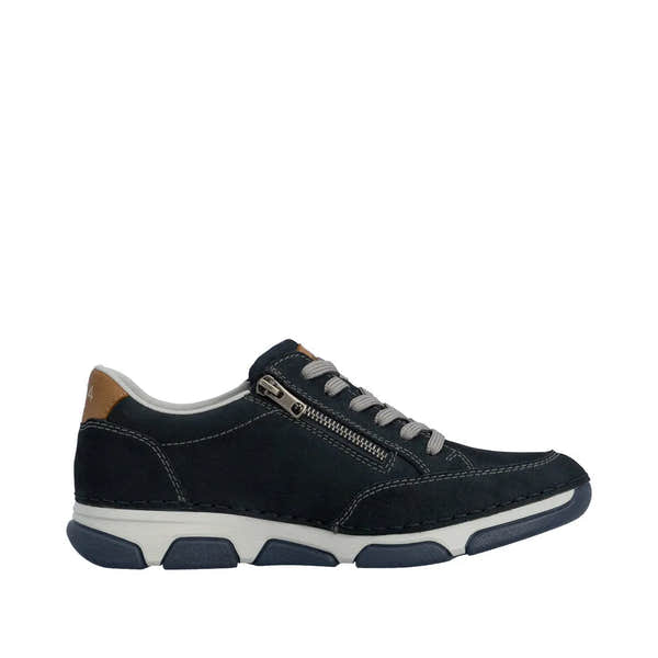 Black leather men's wide lace-up shoes with gray laces, zipper detail, tan heel tab, and sporty white and navy rubber sole.