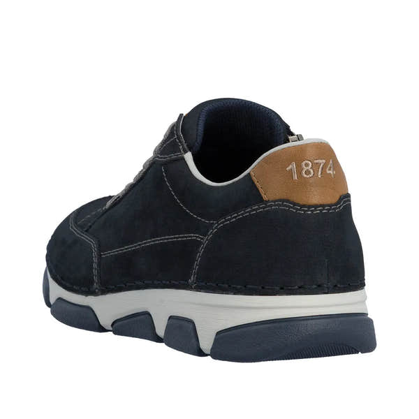 Rieker 15900-14 men's navy leather lace-up shoes with tan heel tab and white stitching, chunky sole, and 1874 embroidery.