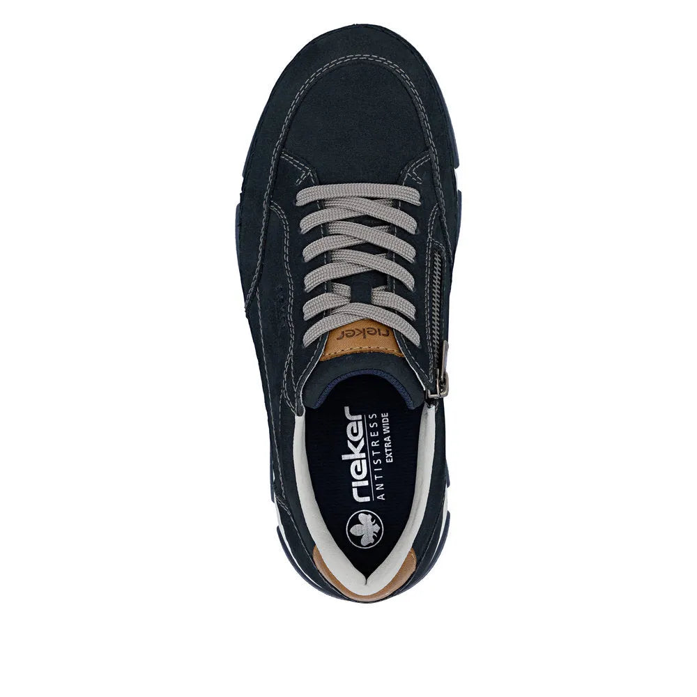 Rieker men's wide navy leather lace-up shoe with white laces, tan accents, and sporty design.