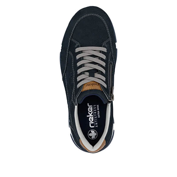 Rieker men's wide navy leather lace-up shoe with white laces, tan accents, and sporty design.