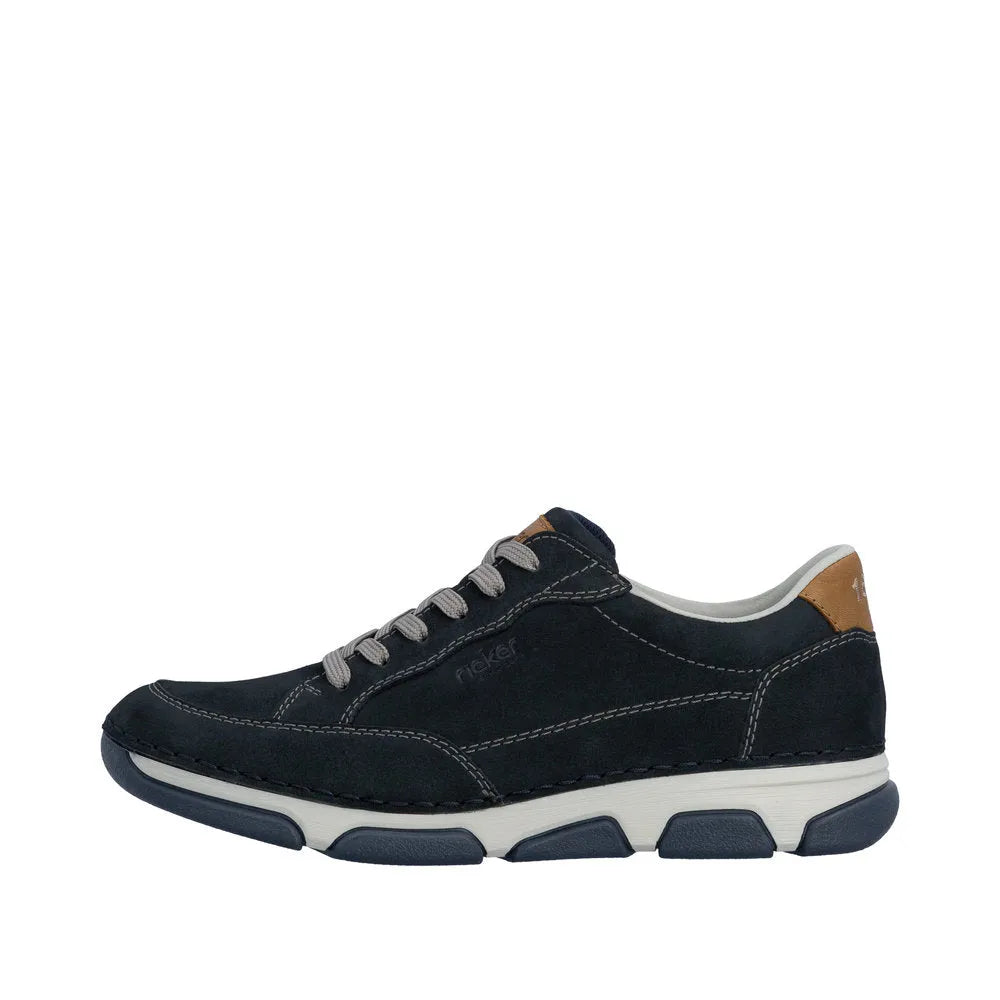 Black leather lace-up shoe with gray laces, white sole, and tan heel accent, designed for men's wide feet.