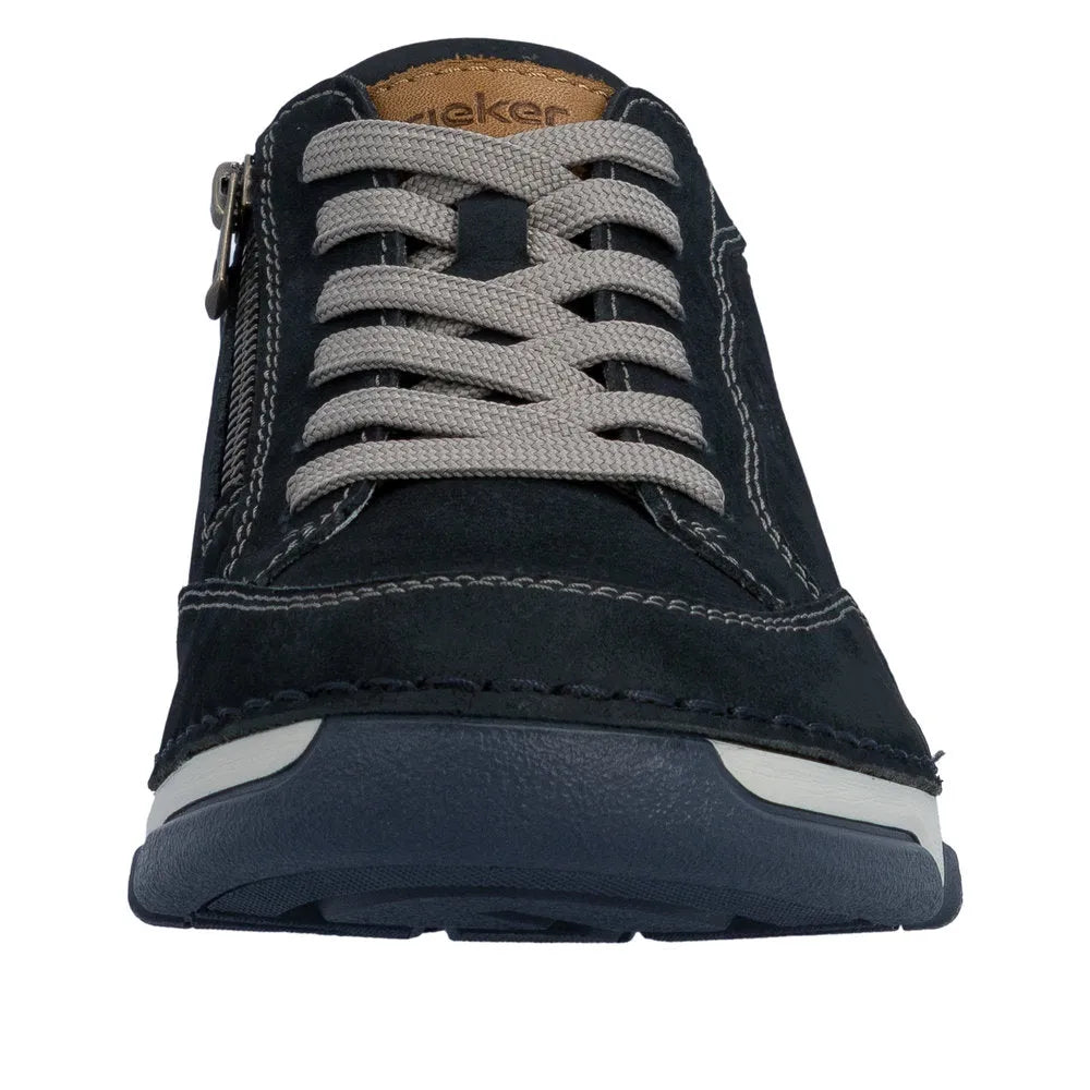 Black leather lace-up shoes with gray laces, stitched details, and a gray rubber sole, styled for men's casual wear.