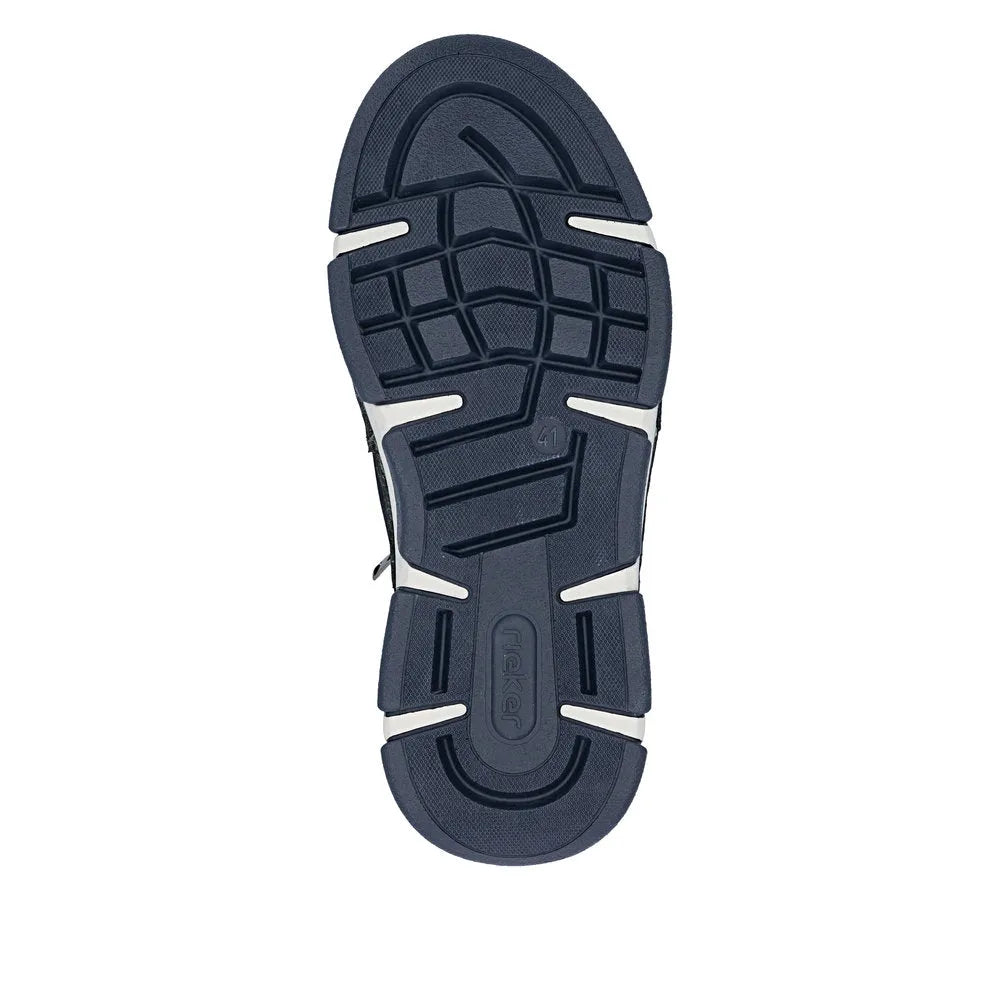 Rieker Men’s navy leather lace-up shoes with durable rubber sole, wide fit, and intricate tread pattern.