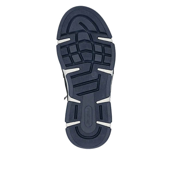 Rieker Men’s navy leather lace-up shoes with durable rubber sole, wide fit, and intricate tread pattern.