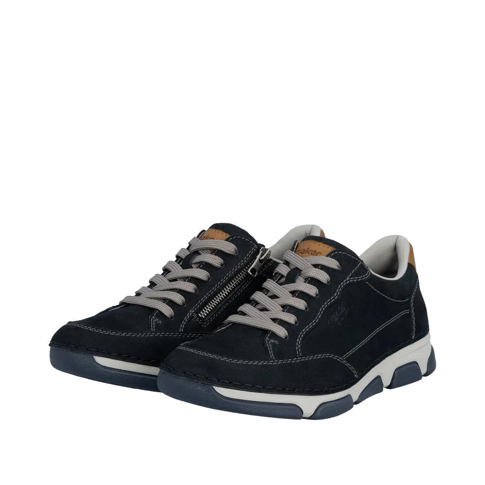 Black leather men's sneakers with beige laces, zipper detail, white and black sole, and tan accents. Style: lace-up, casual.