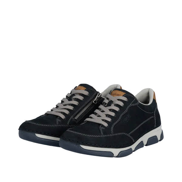 Black leather men's sneakers with beige laces, zipper detail, white and black sole, and tan accents. Style: lace-up, casual.
