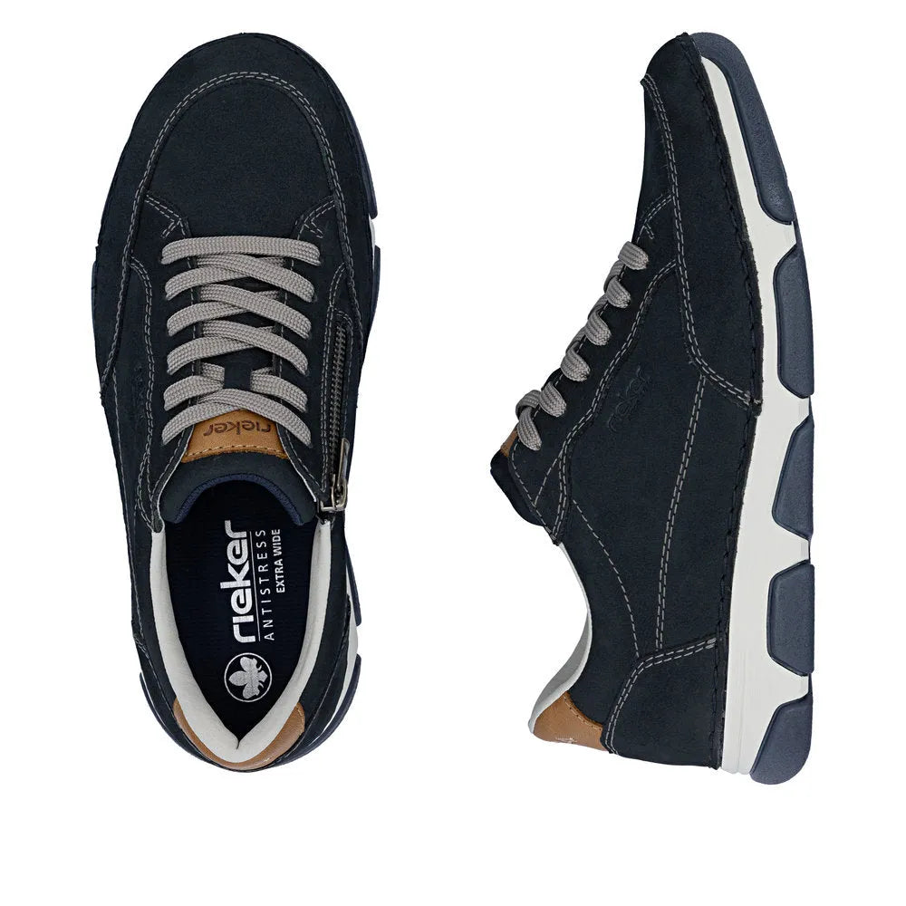 Black navy leather lace-up shoes with gray laces, white accents, and a cushioned outsole for men.
