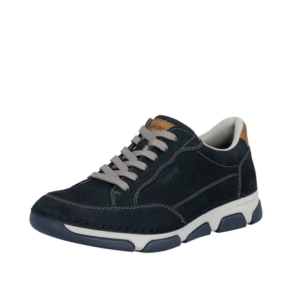 Rieker 15900-14 men's wide navy leather lace-up shoes with contrast stitching and a chunky white and navy sole.