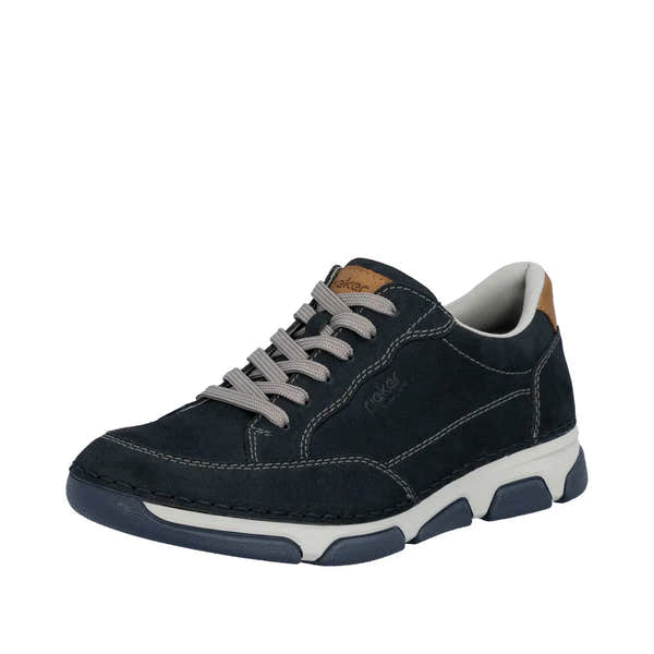 Rieker 15900-14 men's wide navy leather lace-up shoes with contrast stitching and a chunky white and navy sole.