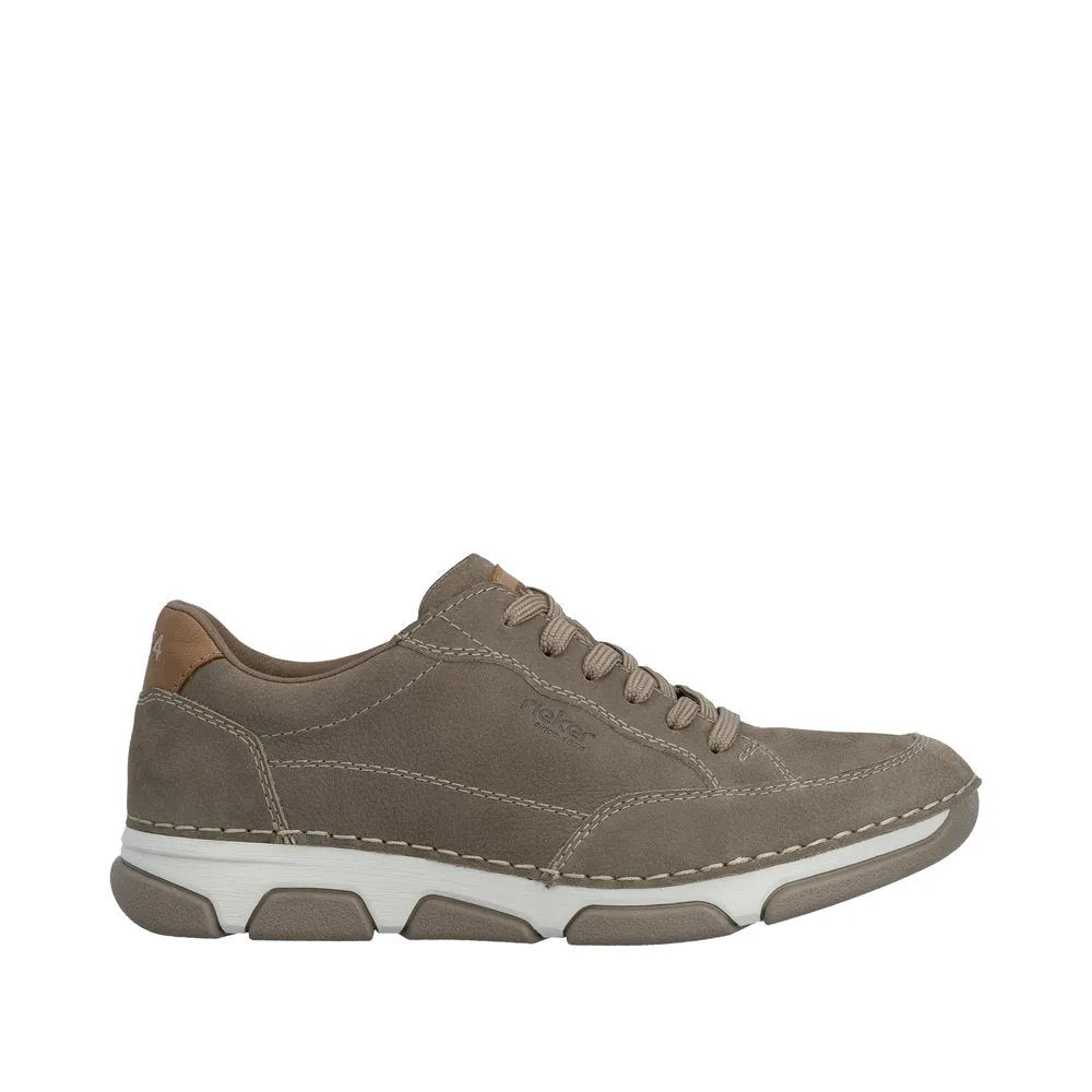Rieker men's wide brown leather lace-up shoes with stitched detailing and a white and gray cushioned sole.