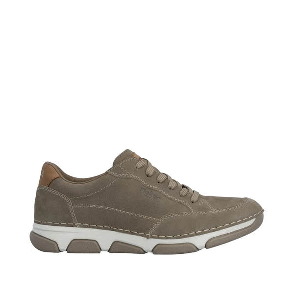 Rieker men's wide brown leather lace-up shoes with stitched detailing and a white and gray cushioned sole.