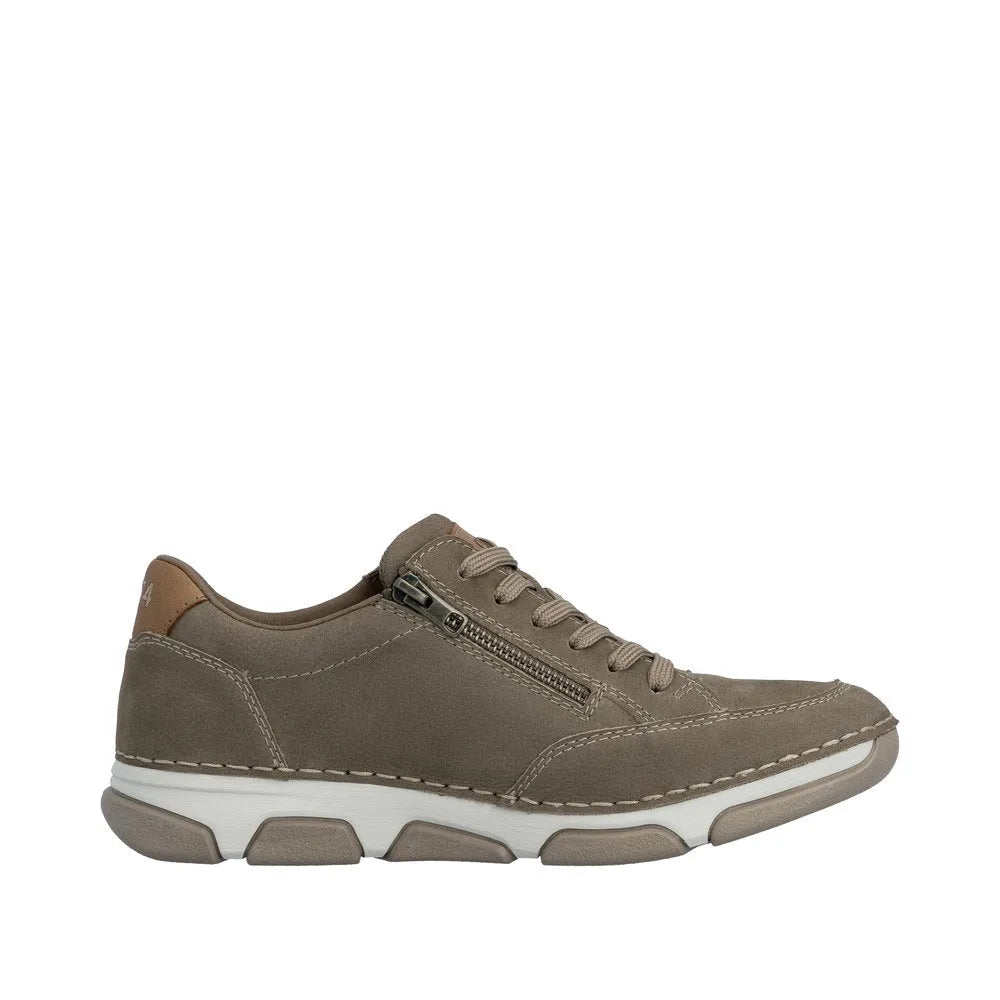 Rieker 15900-25 men's wide brown leather lace-up shoe with zipper, casual style, cushioned sole.