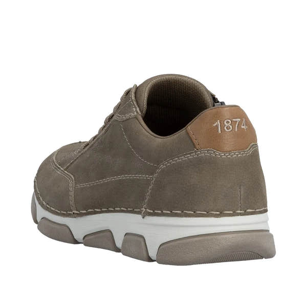 Rieker 15900-25 men's wide brown leather lace-up shoe with white and gray chunky sole, embossed "1874" on heel tab.